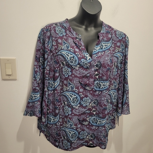 41 Hawthorn Tops - 41 Hawthron Size 2x Purple Boho Print Long Flare Sleeves Top